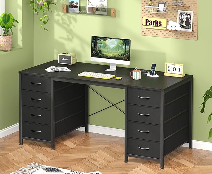 50 Inch Computer Desk with 8 Drawers, Home Office Desk with Power Outlets, Work Study Gaming Desk with 8 Fabric Drawers, Black