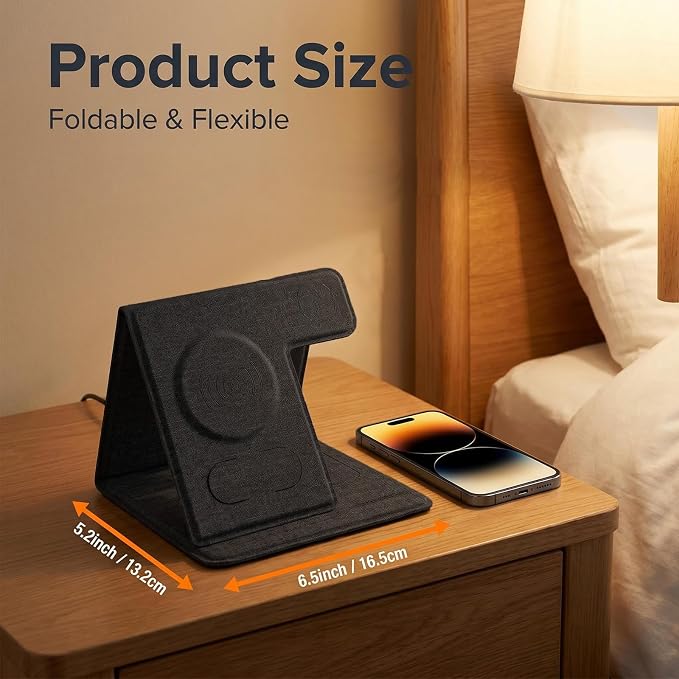 3 in 1 Wireless Charging Station Foldable Wireless Charger Stand for iPhone 15/14/13/12 Apple Watch Series 9/8/7/6/5/4/3/SE AirPods Pro 2/3 Fabric Portable Travel Charger Dock (Black)
