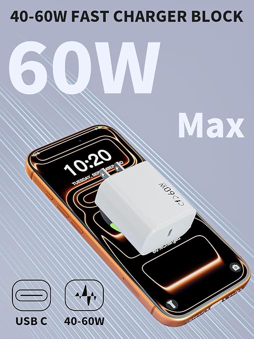 USB C Charger Block Fast Charging iPhone 17 Pro Charger40-60W Dynamic AdapterMax 60 Watt Fast Apple USBC Plug Compatible with iPhone 17 16 15 14 13 12 11 SeriesiPad Mini Pro AirMacBook AirAirPods