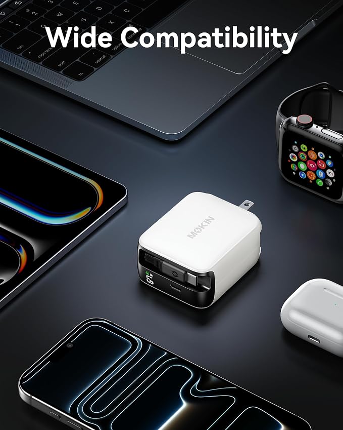 Retractable USB C Charger 67W 2-Port Fast Charger with Retractable Cables and Foldable Plug