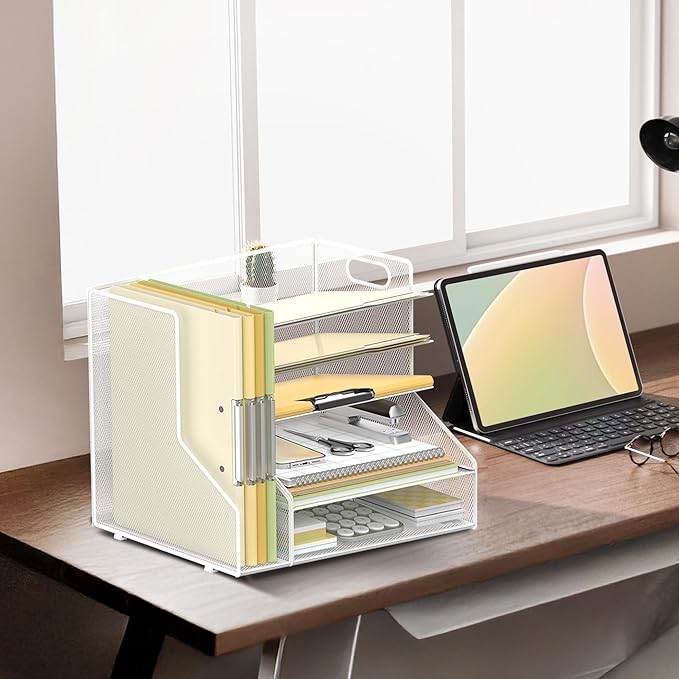 SUPEASY Desk Organizer with File Holder, 5-Tier Mesh Paper Letter Tray with Magazine Holder, Desktop Organizer and Storage for Desk Accessories Office Supplies, White