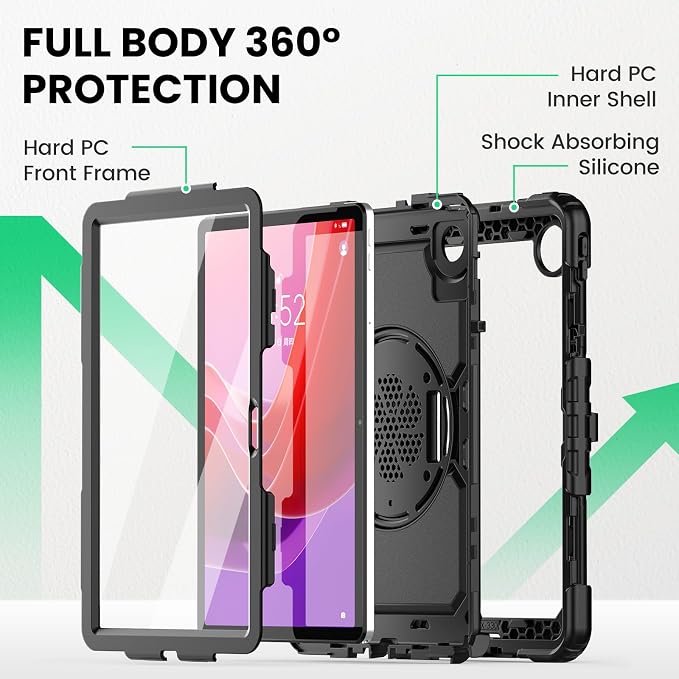 SEYMAC Case for Lenovo Tab M11/K11 11 Inch Black | Heavy Duty Shockproof Protective Built-in Screen Protector 360° Rotating Stand Hand/Shoulder Strap