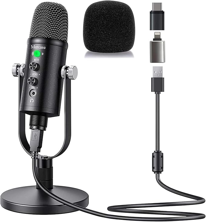 Mercase USB Condenser Microphone for PC, Mac, Phones, PS4/PS5 – Plug & Play Studio Mic with Mute Button & Noise Reduction – for Recording, Streaming, Podcasting, Gaming, Zoom, TikTok, YouTube