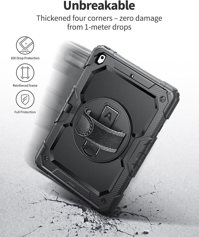 Ambison Case for iPad (A16) 11th/10th Generation 11''/10.9'' Black | Hand Strap 9H Tempered Glass Screen Protector Rotating Stand Shoulder Strap Heavy Duty Shockproof Pencil Holder