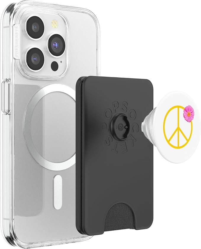 Pretty Pink Flower on Yellow Peace Sign PopSockets Adhesive PopGrip