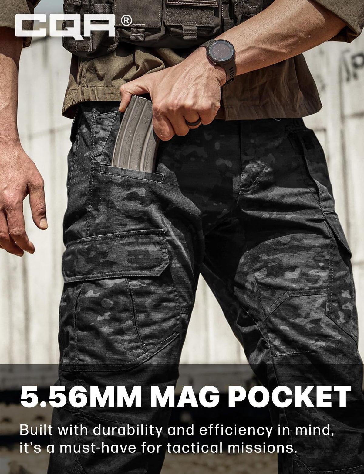 CQR Men's Tactical Pants, Water Resistant Ripstop Cargo Pants, Lightweight EDC Work Hiking Pants, Outdoor Apparel, Duratex Mag Pocket Print Utility Camo Black, 28W x 30L