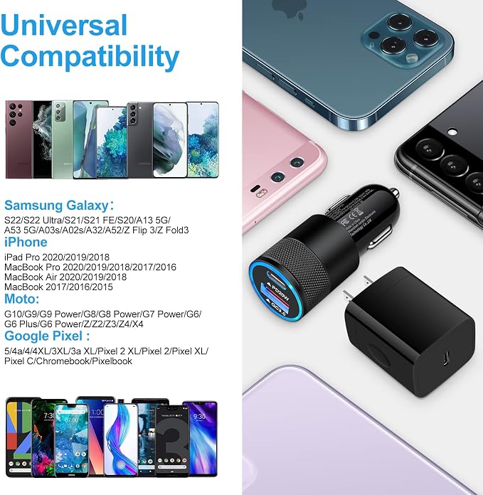 Type C Charger Fast Charging Block for Samsung Galaxy S25 A15 5GA16A55 | A35A14A13A25S24 S23 FEA03sA53Z Fold620W PD 3.0 USB C Wall Charger 38W Car Adapter+2 PCS Android 6ft USB C-to-C Cable