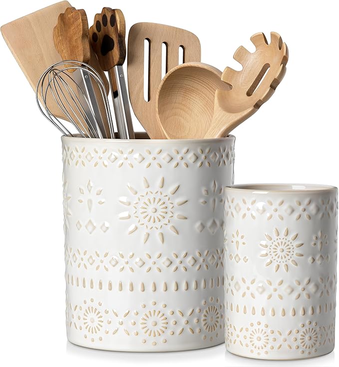 LOVECASA Utensil Holder, 7.2"+5.4" Ceramic Utensil Holder for Countertop, Large Cooking Utensil Crocks for Kitchen Counter, Farmhouse Utensil Vase for Housewarming, Kitchen Decor, Set of 2, Oasis