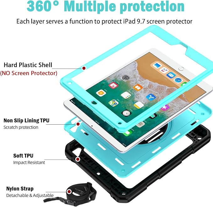 BMOUO Case for iPad 6th/5th Generation Case (9.7 inch 2018/2017) 360°Rotating Stand Hand/Shoulder Strap Shockproof iPad 9.7” Case for iPad Air 2 Black