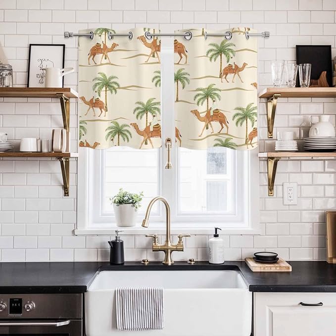 2 Panel Kitchen Cafe Curtains, Date Coconut Tree Sunlight Filtering Nature Air