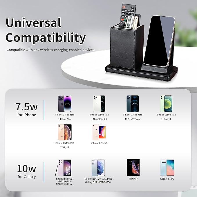 Wireless Charger with Desk Organizer Wireless Charging Station for iPhone 13/13 Pro Max/13 Pro/12 Series/11/XS Max/XR/X/8Plus/SE 2 Wireless Charging Stand with Leather… (Black)