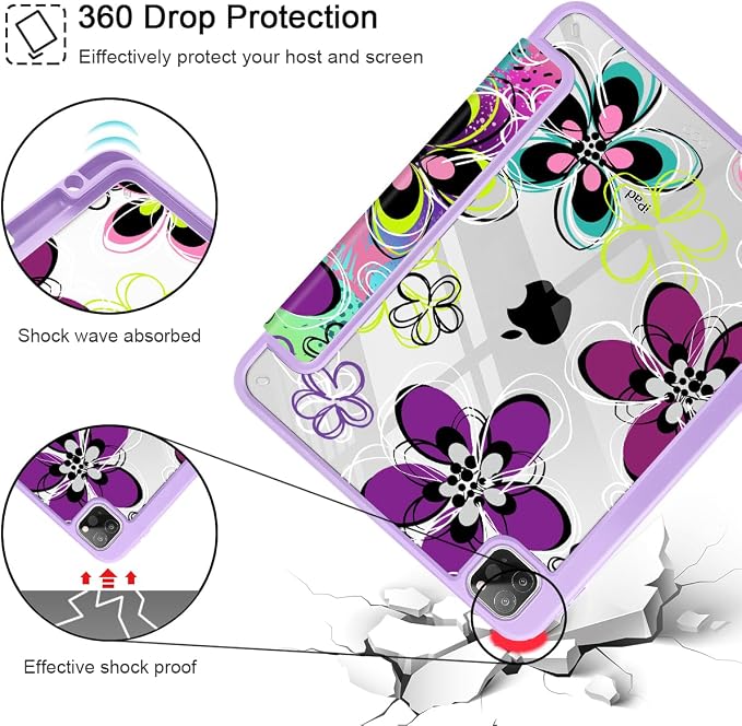 Case for iPad 12.9 Inch (6th/5th/4th/3rd Generation 2022/2021/2020/2018) Pencel Holder + Trifold Support Auto Sleep/Wake Transparent Shockproof Back Cover Abstract Floral SD163