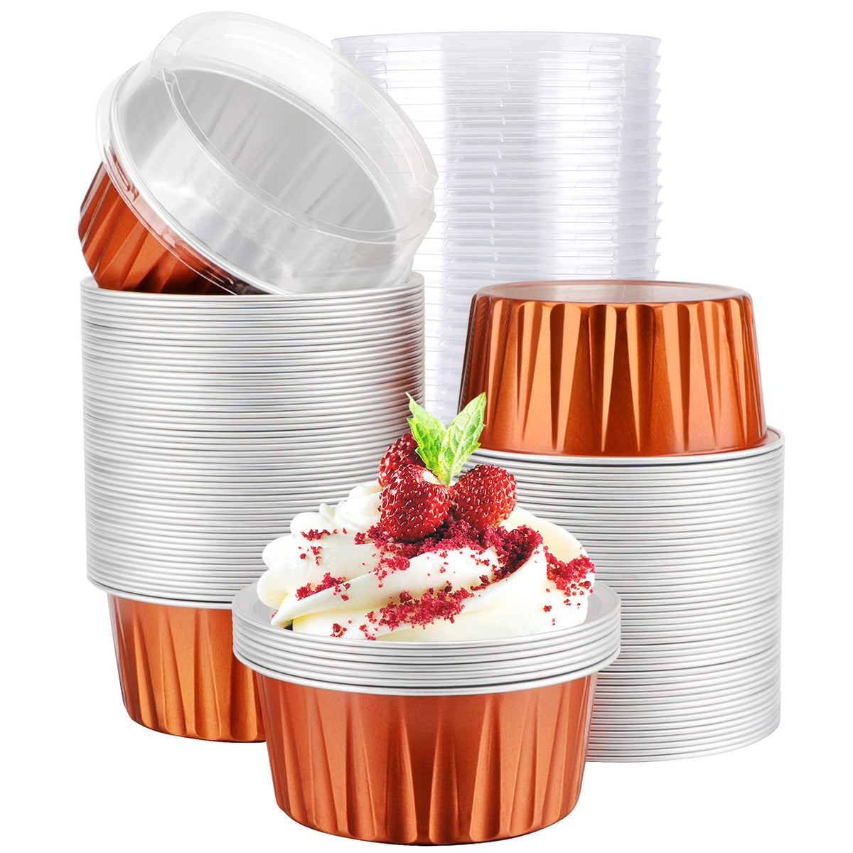 EUSOAR Cupcake Liners for Baking, 50pcs 5oz Muffin Liners, Disposable Foil Ramekins, Dessert Containers, Aluminum Foil Baking Cupcake Cups Holders Pans with Lids 5 Colors Mixed