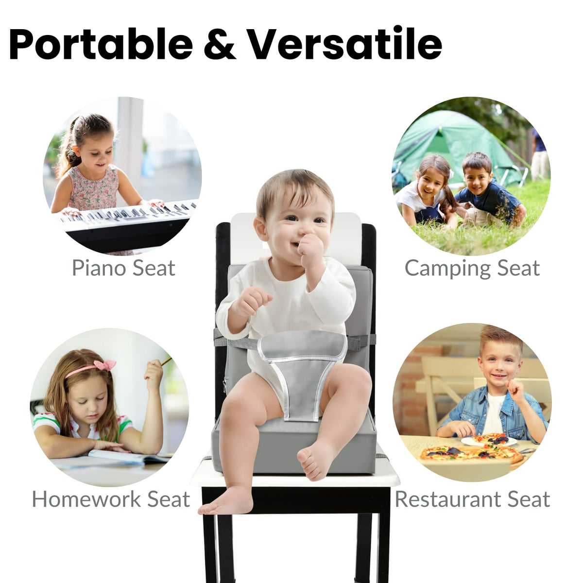 PandaEar Toddler Booster Seat for Dining Table, Portable Increasing Booster Cushion with Backrest & Adjustable Seat Belt for Kids Children, Non-Slip Bottom (Grey)