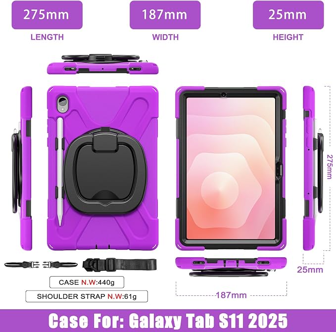 Batianda Heavy Duty Case for Samsung Galaxy Tab S11 2025 11 Inch with 360° Rotating Ring Stand &amp Shoulder Strap Built-in S Pen Holder Shockproof Rugged Multi-Layer Protective Cover Black