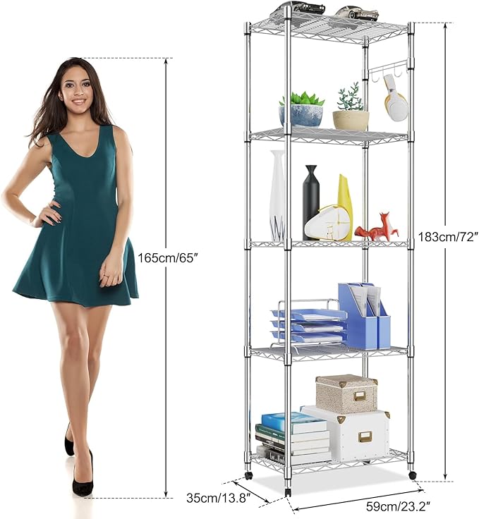 Homdox 5 Tier Steel Wire Shelving Unit on Wheels,Chrome Shelves for Garage Kitchen Living Room,Heavy Duty Shelving Rack, 23.2 x 13.8 x 72 inch (L x W x H)