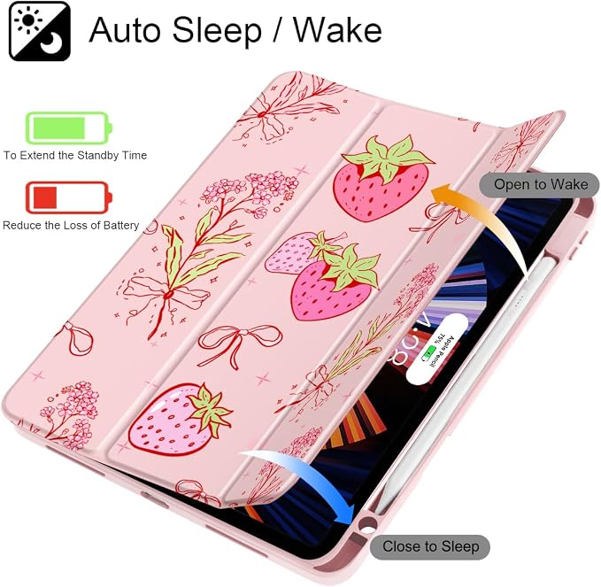 May Chen Case for iPad 12.9 Inch (6th/5th/4th/3rd Generation 2022/2021/2020/2018) Pencel Holder + Trifold Support Auto Sleep/Wake Transparent Shockproof Back Cover Blue Bows