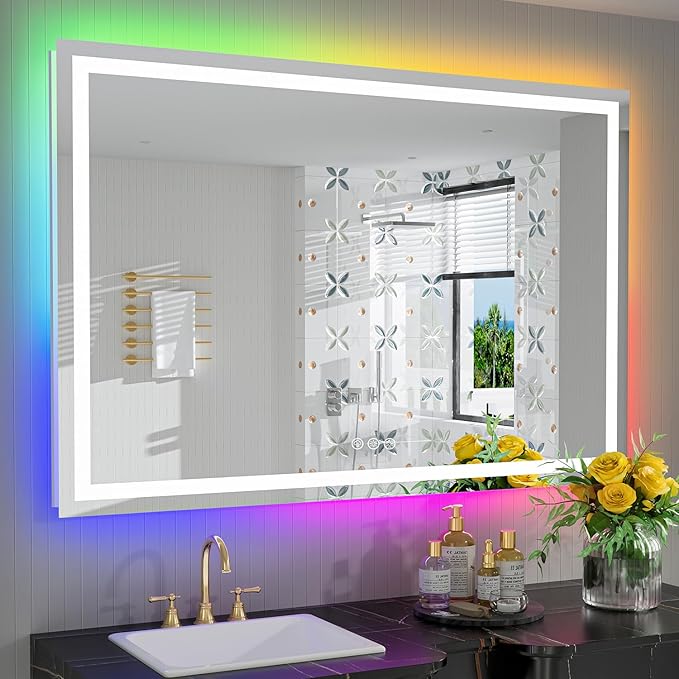 YEELAIT 55x40 Inch RGB LED Bathroom Mirror Front Light and RGB Backlit Lighted Vanity Mirror for Bathroom Wall Mounted Dimmable Anti Fog Memory Shatter-Proof IP54 Waterproof Horizontal/Vertical