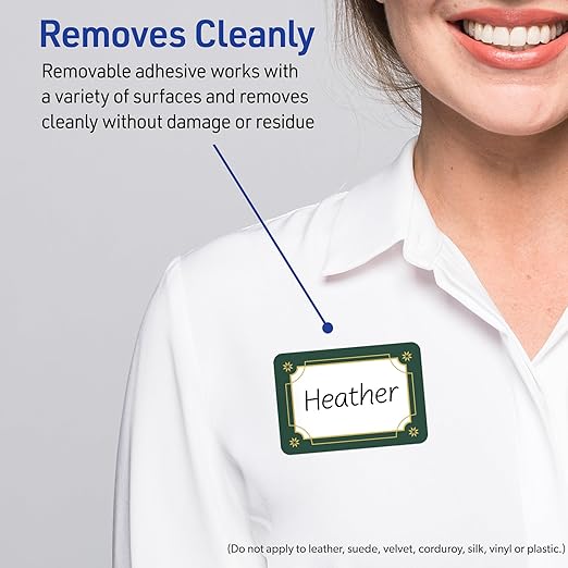 Avery Printable Christmas Adhesive Name Badges, Rectangle, 2-1/3" x 3-3/8", Pre-Printed Green & Metallic Gold Border Design, Matte White, Laser & Inkjet Compatible, 80 Total