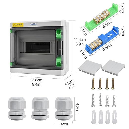 Mollom 9 Way HA Series Power Distribution Box with Bus Bars and Din Rail for Miniature Circuit Breaker MCB,Waterproof IP66,Solar Power Distribution Panel for Indoor and Outdoor Use
