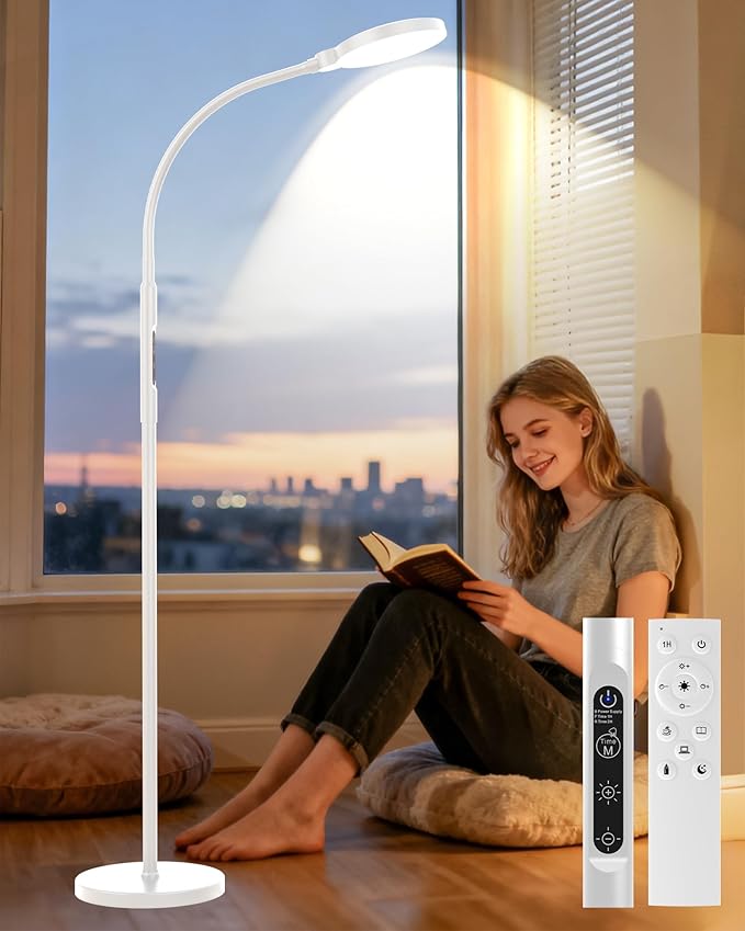 Light Therapy Lamp 11000 Lux, Full Spectrum LED UV-Free Sunlight Lamp with 10 Adjustable Brightness & 5 Color Temperatures, 3 in 1 Retractable Timer Control Therapy Floor Lamp, White