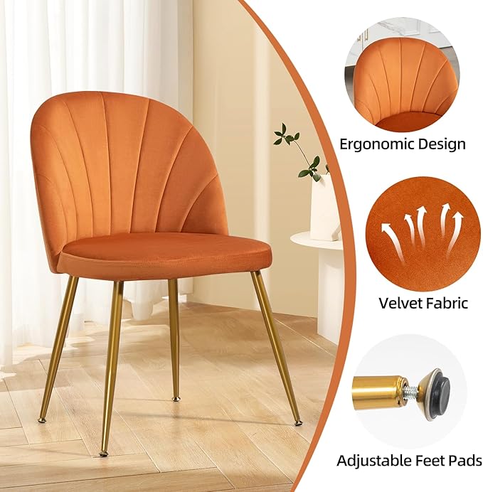 Velvet Dining Chairs Set of 6, Upholstered Mid Century Modern Dining Chairs, Armless Accent Chair with Metal Gold Legs for Living Room, Kitchen, Dining Room, Orange