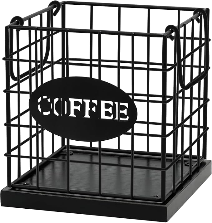 Coffee Pod Holder Organizer,Large Capacity K Cup Holder Organizer, Storage Basket for Kitchen Countertop Office Coffee Bar with Wooden Base(Rustic Black-Square)