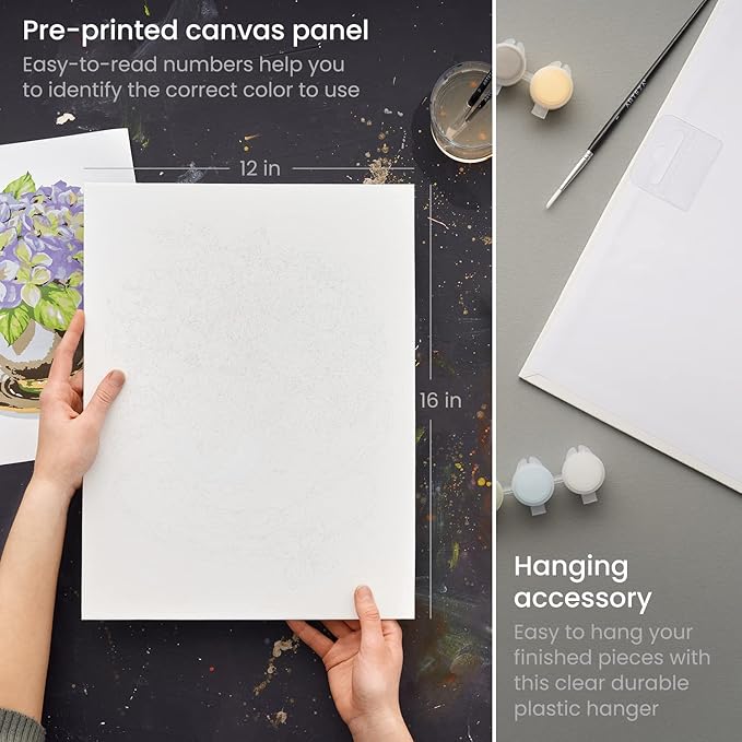 ARTEZA Paint by Number for Adults, 12x16 Inches, 21 Pieces, Hydrangea Flowers Paint by Numbers Kit, 1 Canvas Panel, 12 Acrylic Paint Pots, 5 Paintbrushes, Art Supplies for Home & Office Decor