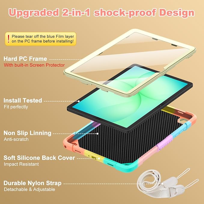 Cover for Samsung Galaxy Tab A11+ Plus/A9+ Plus Case with Screen Protector Galaxy Tab A11+/A9+ 11 inch 2025/2023 Released with Butterfly Stand Shoulder Strap Shockproof case for Kids Girl Colorful