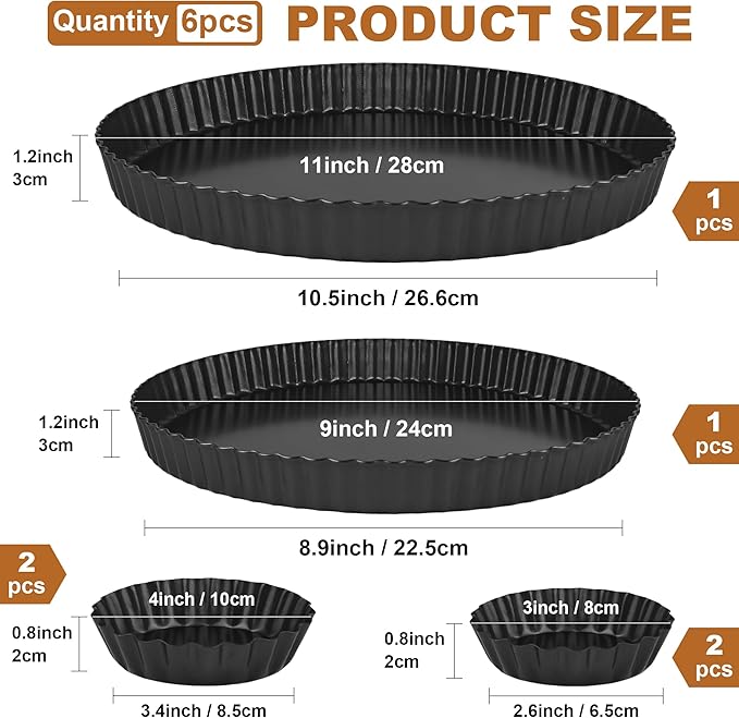 Axigundaone 6 Pcs Tart Pan with Removable Bottom, Pie Pan11/9/4/3In