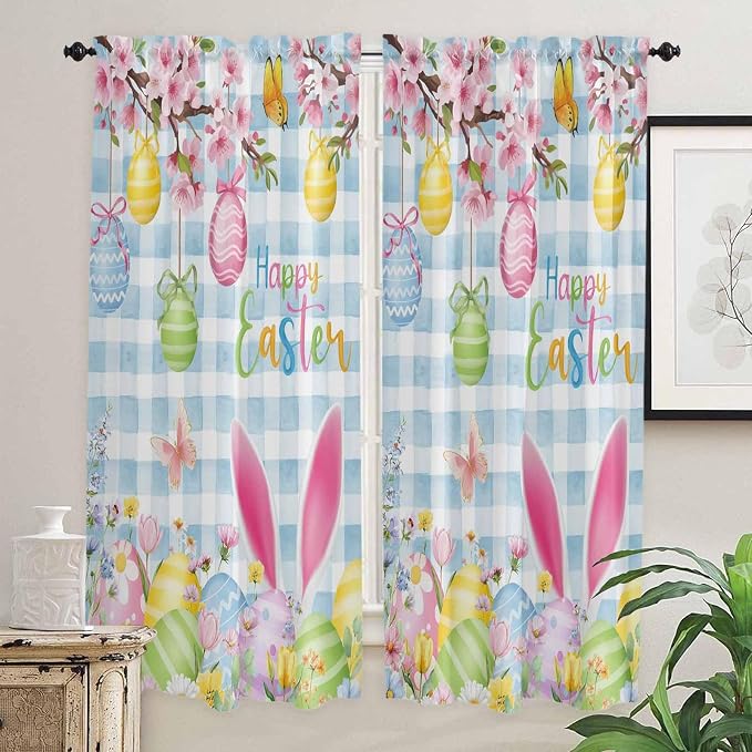 Happy Easter Living Room Curtains 72 Inches length, Spring Watercolor Bunny