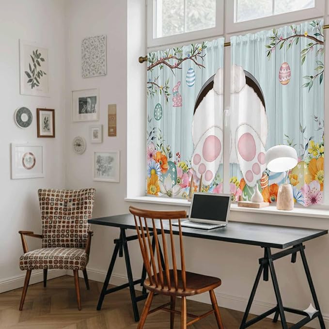 Easter Bunny Kitchen Tier Curtains 45 Inch Long 2 Panel Set, Rod Pocket Short