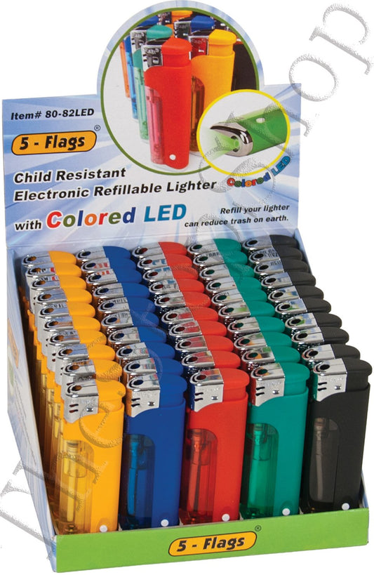 50pc. 5 - Flags Assorted Color with Colored LED Child Resistant Electronic Refillable Lighter (G80)