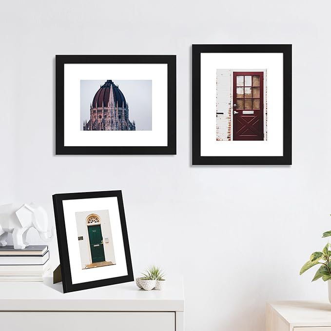 8x10 Picture Frame Set of 4, High Definition Real Glass, Display Pictures 5x7 with Mat or 8x10 Without Mat, Gallery Wall Hanging or Tabletop Photo Frames, Black