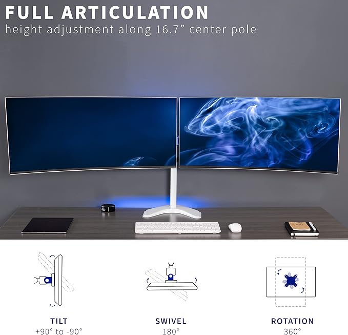 VIVO Premium Dual Ultra Wide LCD LED 27 to 38 inch Monitor Desk Stand, Heavy Duty, Free-Standing Telescoping Arms, Flush Wall Setup, Fits 2 Screens, White, STAND-TS38BW