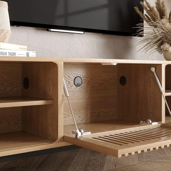 POVISON Fully-Assembled Mid Century Modern TV Stand for 70 inch TV, Sliding Door Entertainment Center with Storage, Wood TV Console, Media Console for Living Room Bedroom(Oak, 70.87")