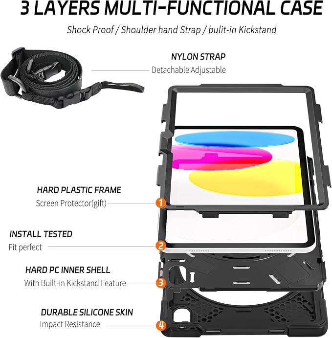 ZenRich Shockproof Case for iPad (A16) 11th/10th Generation Black | Pencil Holder 360° Rotating Kickstand Hand Strap Adjustable Carrying Strap Heavy Duty Rugged