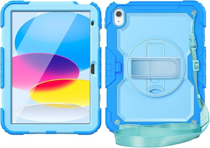 Case for iPad (A16) 11th/10th Generation 11''/10.9'' 2025/2022: Shockproof Protective Case with Hand/Shoulder Strap Pencil Holder Rotate Stand Screen Protector Black