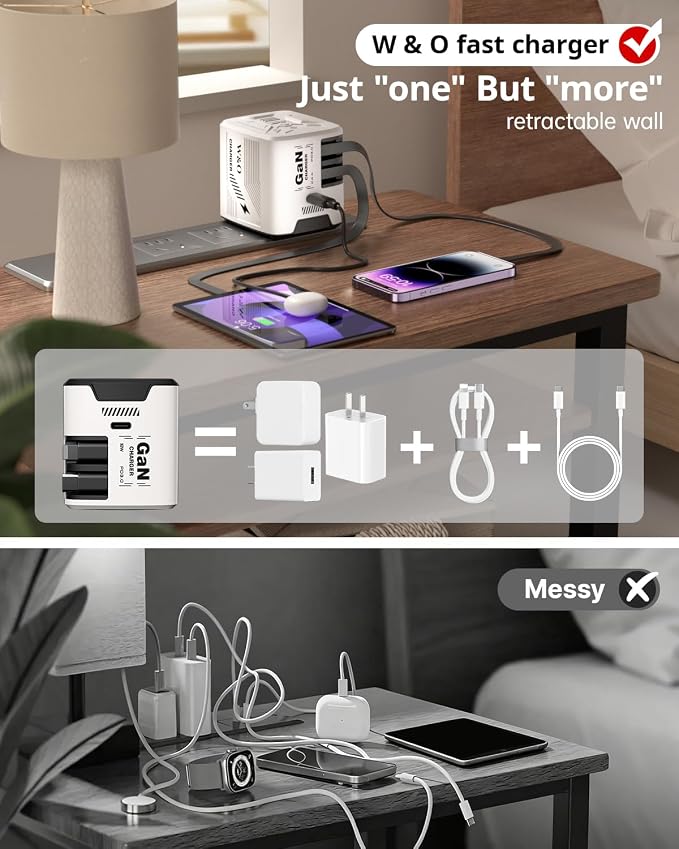 W &amp O 60W GaN Fast Charger Wall Plug Built-in Retractable USB-C &amp L Cables | Retractable Wall Charger with 47.2 Cables One Pull Charging No Cable Mess Solution for iPhone 17/16/15 Galaxy