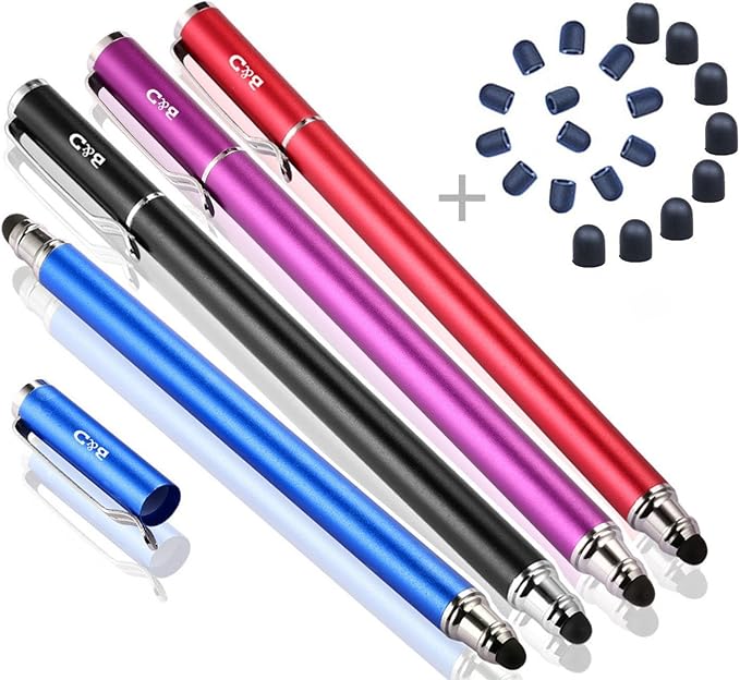 Capacitive Stylus/Styli 2-in-1 Universal Touch Screen Pen for All Touch Screen Tablets/Cell Phones with 20 Extra Replaceable Soft Rubber Tips (4 Pieces Black/Blue/Purple/Green)