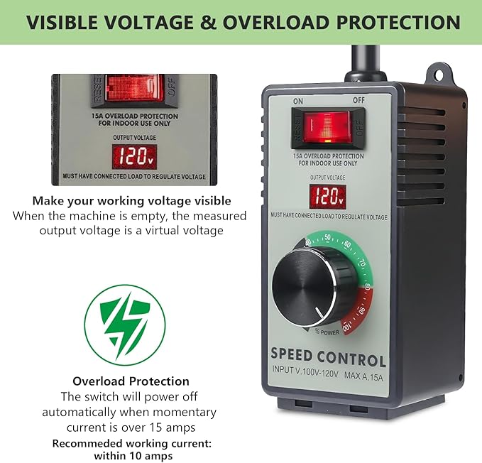 Cdmall AC Motor Speed Controller 120V 15A Max - Variable-Speed Controller & Fan Speed Control with Overload Protection and LED Display for Hydroponics Inline Duct Exhaust Ceiling Fans