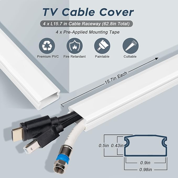 YCLYC Cable Cover, 62.8in Black Cord Hider for TV, Paintable Cord Cover Kit, Hide Cords - Cord Concealer Cable Channel 4xL15.7in W0.98in H0.5in