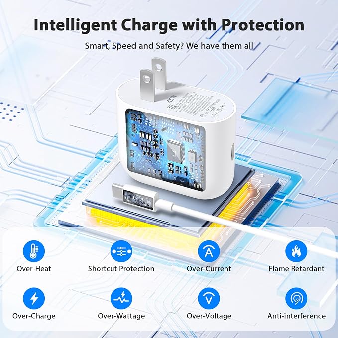45W USB C Wall Charger Plug with 6ft Type C Charging Cable White | PD PPS Power Adapter USB C Super Fast Charging Power Delivery Adapter for iPhone 17 16 15 Galaxy S26 S25 For iPad Pixel 10