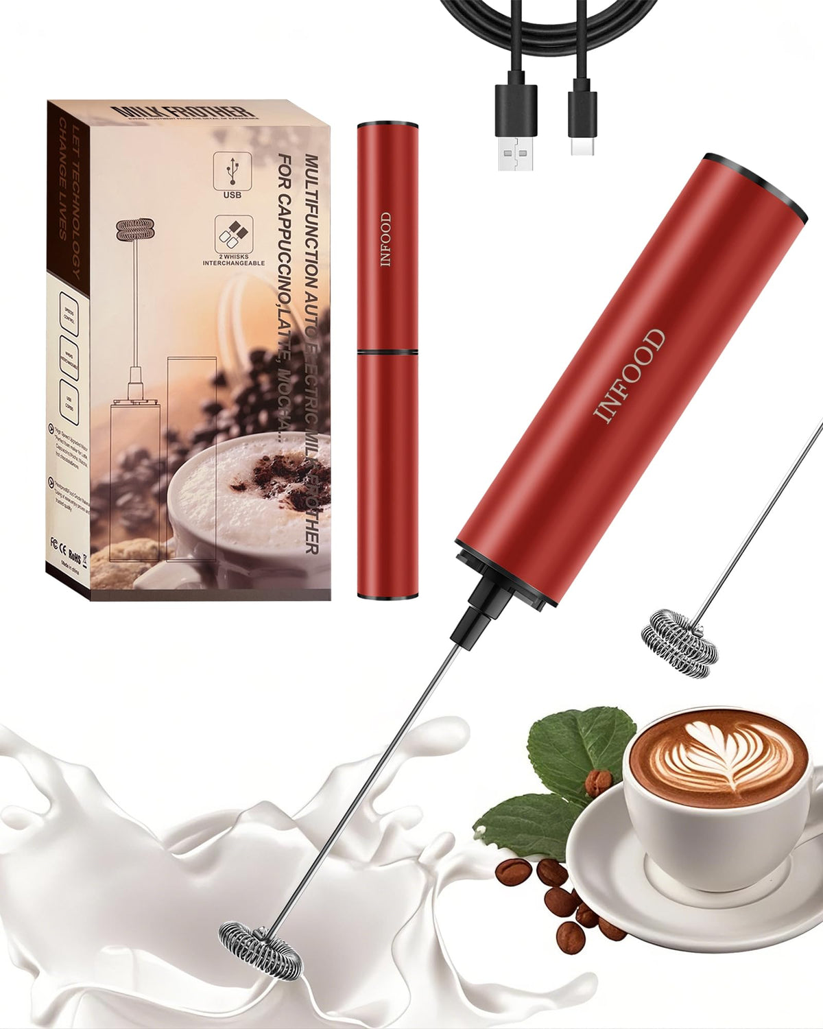 INFOOD Rechargeable Milk Frother with Cover, 2-Speed, 2 Whisks, Black