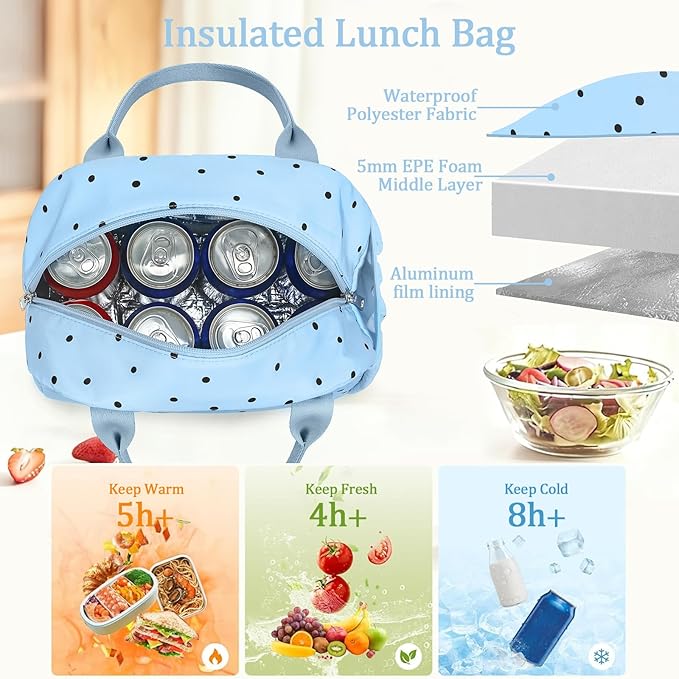 CAMTOP Lunch Box for Women Men Insulated Lunch Bag Lunch Tote Bag Leakproof Thermal Cooler Large Capacity for Travel Work School Picnic (Blue Black Dots)