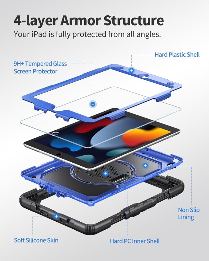 Ambison Case for iPad (A16) 11th/10th Generation 11''/10.9'' Black | Hand Strap 9H Tempered Glass Screen Protector Rotating Stand Shoulder Strap Heavy Duty Shockproof Pencil Holder