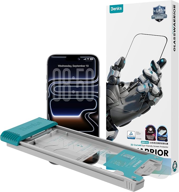 BENKS GlassWarrior for iPhone 17 Pro Max Screen Protector [TÜV Rheinland Anti-Reflection] [3D Curved Full Coverage] 9H+ Tempered Glass Military-Grade Shatterproof &amp Scratch Resistant Eye-Friendl