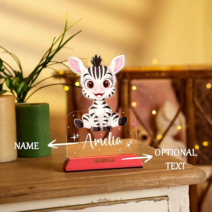 hun concept Personalized Kids Zebra Night Light – Custom Name LED Lamp for Nursery, Baby Room & Bedroom, Cute Animal Acrylic Night Lamp with Wooden Base, Unique Birthday & Christmas Gift for Children