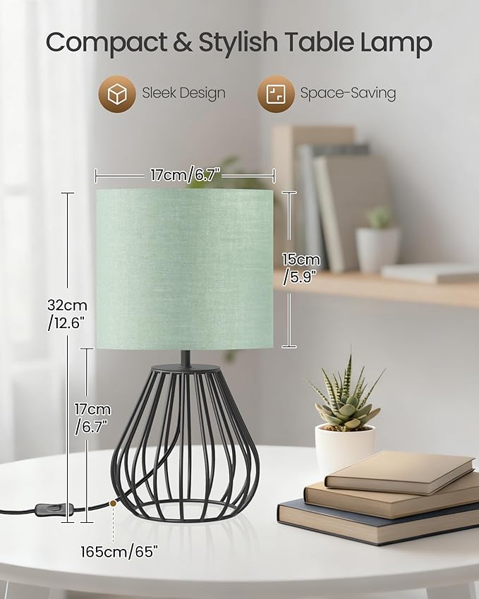 Green and Black Table Lamp, Small Bedside Lamp with Metal Base & Green Linen Lampshade, Modern Nightstand Lamp, Cute Desk Lamp for Bedroom, Living Room, 2700K LED Bulb Included, J06TL05