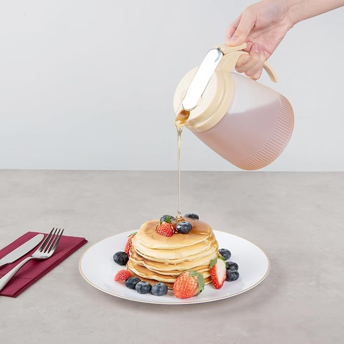 Restaurantware-Chef 101 32 Ounce All Purpose Syrup Dispensers, 10 Honey Dispensers - Beige Top, Stainless Steel Slide Cover, Plastic Pancake Syrup Bottle, Perfect For Diners, Restaurants, Home